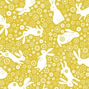 Rabbits and daisies - on Yellow - Small