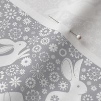 Rabbits and daisies - on Grey - small scale