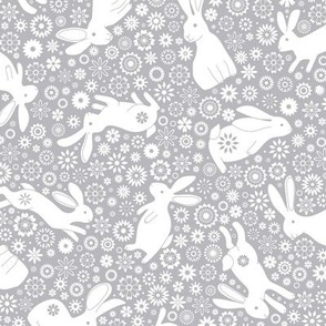 Rabbits and daisies - on Grey - small scale