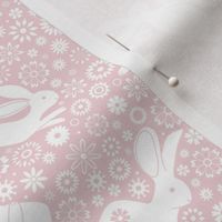 Rabbits and daisies - White on Cotton candy pink - small scale