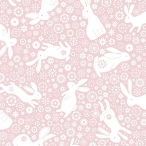 Rabbits and daisies - White on Cotton candy pink - small scale