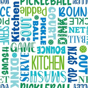 Bigger Scale Pickleball Terms Word Cloud Green Blue and White