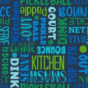 Bigger Scale Pickleball Terms Word Cloud Green Blue and Navy