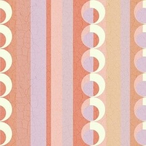 Memphis Ignite stripes and geometric circles with crackle overlay salmon pink. Lilac, cream and buff