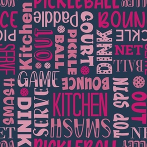 Bigger Scale Pickleball Terms Word Cloud Raspberry Pink and Navy
