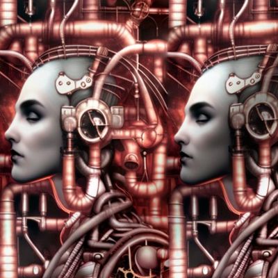 18 biomechanical bioorganic female red brown woman cyborg robot android tentacles monsters cables wires cybernetics circuit board machine demons side profile aliens sci-fi science fiction futuristic flesh Halloween body horror scary horrifying morbid maca