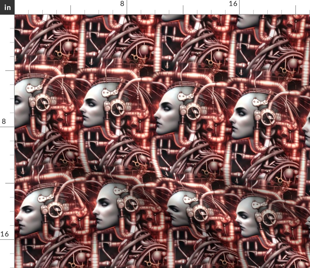 18 biomechanical bioorganic female red brown woman cyborg robot android tentacles monsters cables wires cybernetics circuit board machine demons side profile aliens sci-fi science fiction futuristic flesh Halloween body horror scary horrifying morbid maca