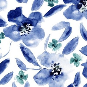Indigo mid summer bloom with mint • large scale watercolor blue florals for modern home decor p238-25