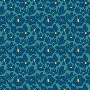 Magnolia Flowers - Matisse Inspired - Teal Green Navy Blue - TINY