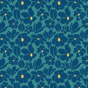 Magnolia Flowers - Matisse Inspired - Teal Green Navy Blue - SMALL