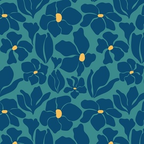 Magnolia Flowers - Matisse Inspired - Teal Green Navy Blue - MEDIUM