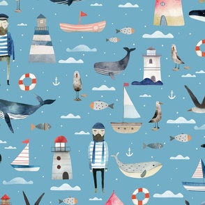 Life at Sea - Large Ocean motifs Hand drawn in watercolors over blue - coastal decor - sail boat wallpaper - seagul - whales - boy room decor