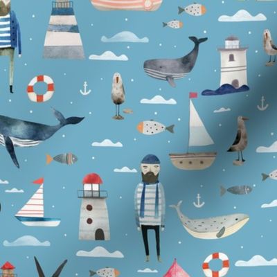 Life at Sea - Medium Ocean motifs Hand drawn in watercolors over blue - coastal decor - sail boat ship - seagul - whales - nursery room
