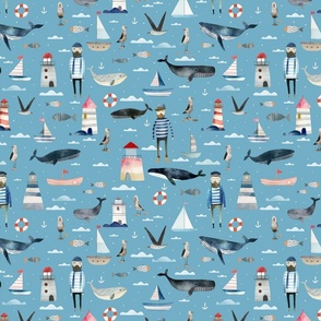 Life at Sea - Medium Ocean motifs Hand drawn in watercolors over blue - coastal decor - sail boat ship - seagul - whales - nursery room
