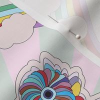 Soft blue and purple themed  whimsical 70's inspired print for nursery wall butterflies and retro flower. Rainbow- medium.