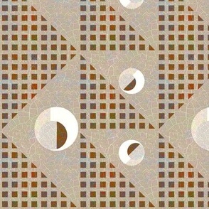 Memphis Ignite triangles geometric and circles over checked grid with crackle overlay Brown hues, sand and brown