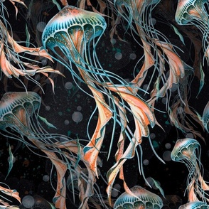 Watercolor hand drawn jellyfish bloom marine-inhabitants of the deep dark ocean