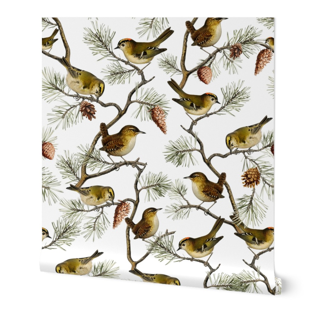 Goldencrest by John James Audubon  - Antiqued Reconstructed Bird Fabric - Birds And Branches on White