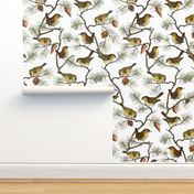 Goldencrest by John James Audubon  - Antiqued Reconstructed Bird Fabric - Birds And Branches on White