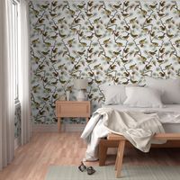 Goldencrest by John James Audubon  - Antiqued Reconstructed Bird Fabric - Birds And Branches on White