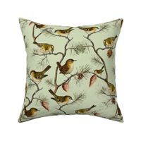 Goldencrest by John James Audubon  - Antiqued Reconstructed Bird Fabric - Birds And Branches on Green 