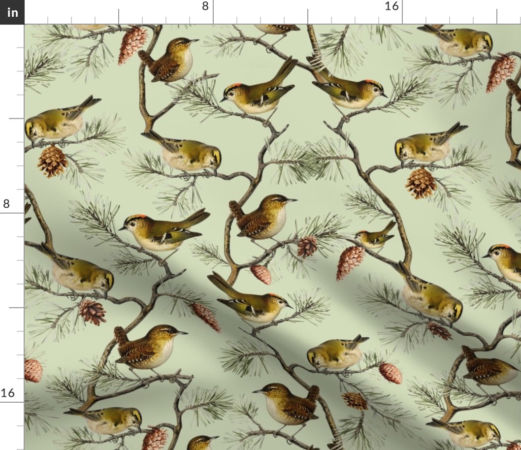 Goldencrest by John James Audubon  - Antiqued Reconstructed Bird Fabric - Birds And Branches on Green 