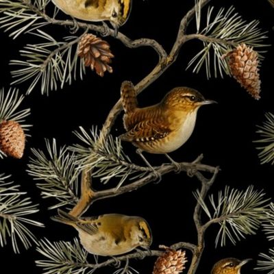 Goldencrest by John James Audubon  - Antiqued Reconstructed Bird Fabric - Birds And Branches on  Black