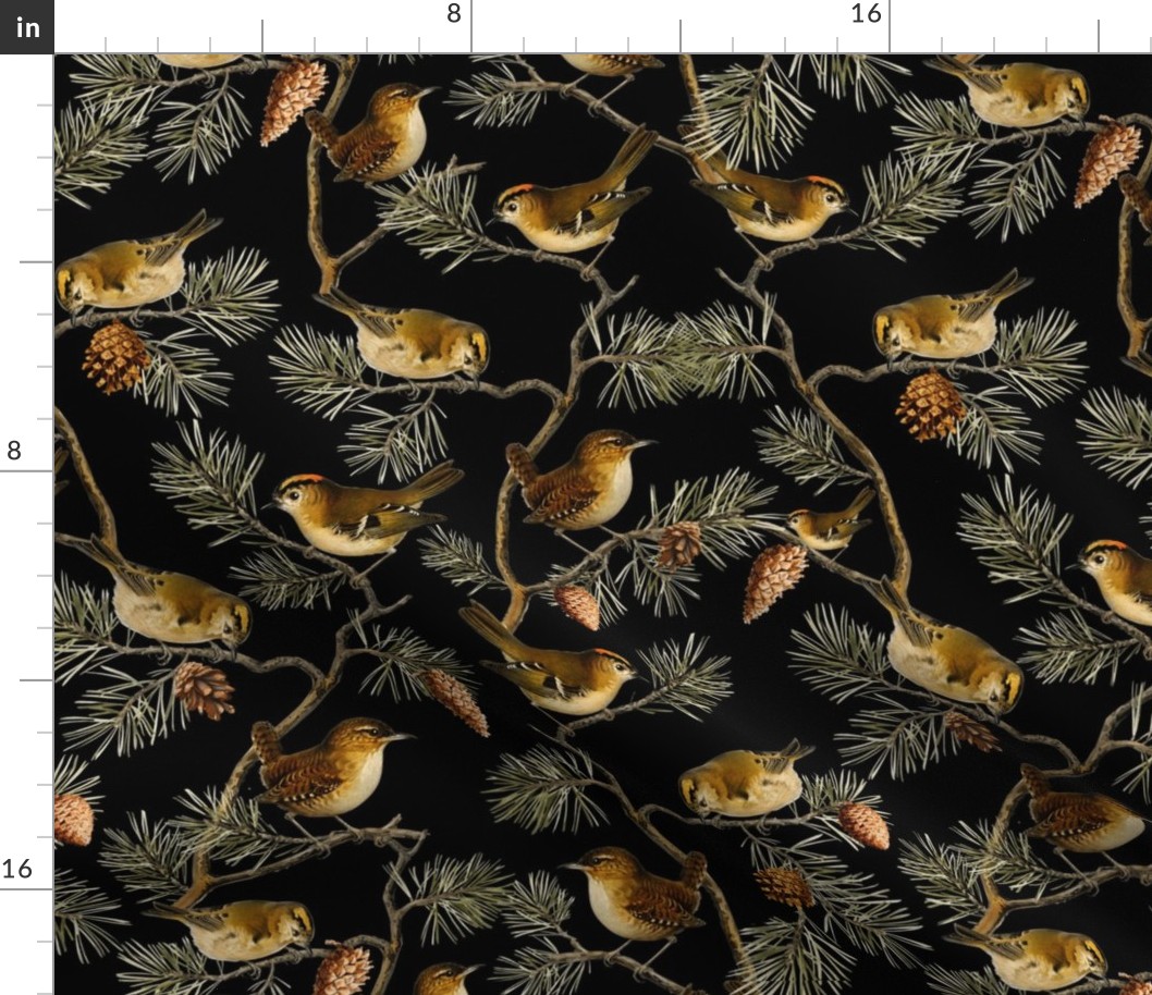 Goldencrest by John James Audubon  - Antiqued Reconstructed Bird Fabric - Birds And Branches on  Black