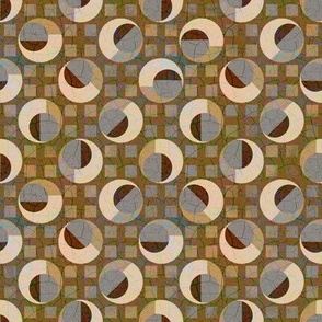 Memphis Ignite layered circles on grid with crackle overlay gradient background earthy hues cream 
, dark grey