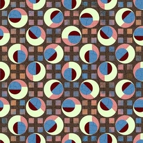 Memphis Ignite layered circles on grid with crackle overlay gradient background Dark sand, blue, salmon pink cream