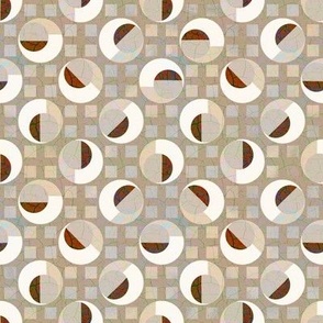 Memphis Ignite layered circles on grid with crackle overlay gradient background Cream, beige, earthy hues  with grey