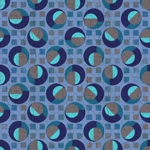 Memphis Ignite layered circles on grid with crackle overlay gradient background denim blues, midnight blue, turquoise, olive 