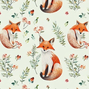 Cottagecore - Cute foxes on light green background with flowes