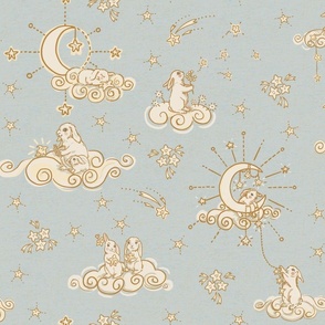 Boho Baby Bunny Moon &Stars in Heather Misty Blue, Ivory, Cream, Gold, and Pale Sage
