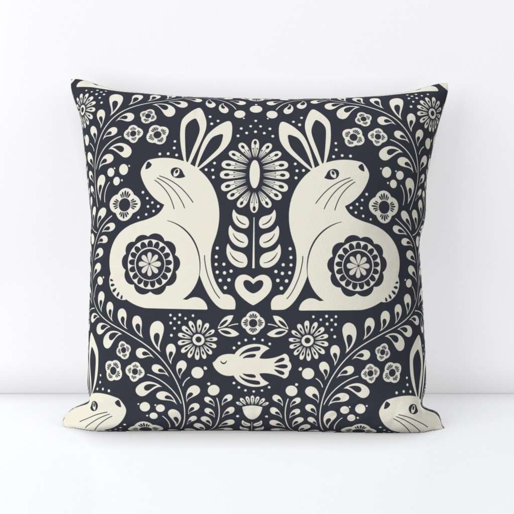 Scandi woodland folk rabbit damask large - black and white