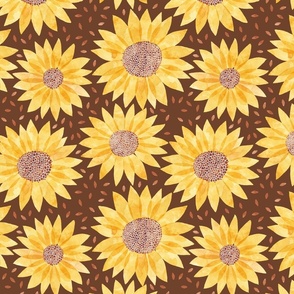 sunflowers and seeds - cinnamon brown - medium large scale
