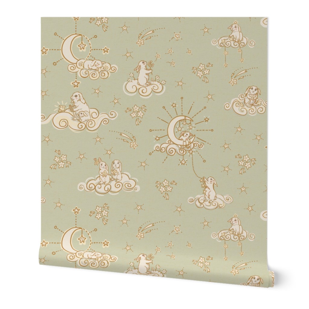 Boho Baby Bunny Moon & Stars in Heather Pale Sage, Ivory, Cream, Gold , Blush Pink