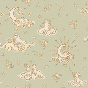 Boho Baby Bunny Moon & Stars in Heather Pale Sage, Ivory, Cream, Gold , Blush Pink