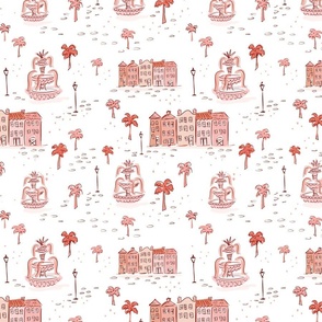 Charleston toile in peachy pink red hues