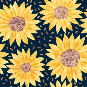 sunflowers and seeds - navy blue - large scale