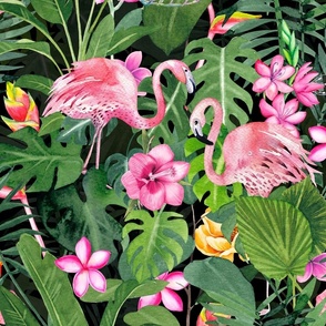 Flamingo Jungle Watercolor Art Green And Pink