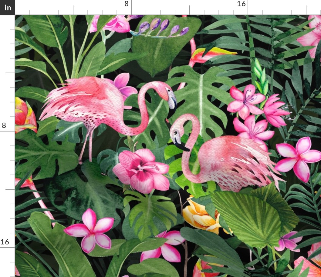 Flamingo Jungle Watercolor Art Green And Pink