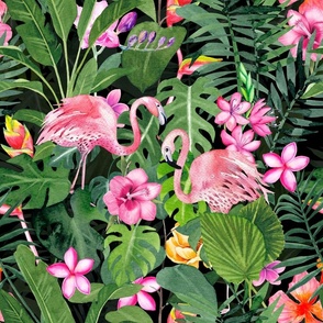 Flamingo Jungle Watercolor Art Green And Pink Smaller Scale