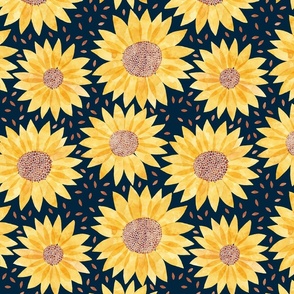 sunflowers and seeds - navy blue - medium large scale