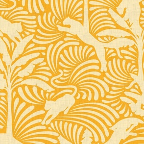 Big Cats and Palm Trees - Jungle Decor in Vintage Sunny Yellow Shades / Large