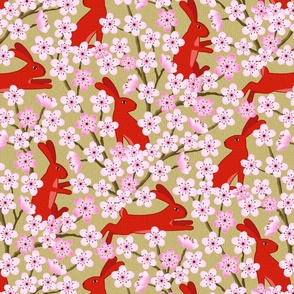 Bunnies and Blossoms Red Rabbits on Gold Background with Plum Blossoms Medium Scale