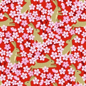 Bunnies and Blossoms Gold Rabbits on Red Background with Plum Blossoms Medium