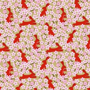 Bunnies and Blossoms Red Rabbits on Gold Background with Plum Blossoms Small