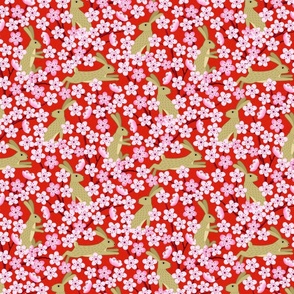 Bunnies and Blossoms Gold Rabbits on Red Background with Plum Blossoms Small