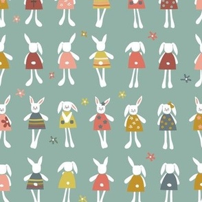 Vintage White Bunnies in Cute Dresses with Front and Back Views on Light Teal Small